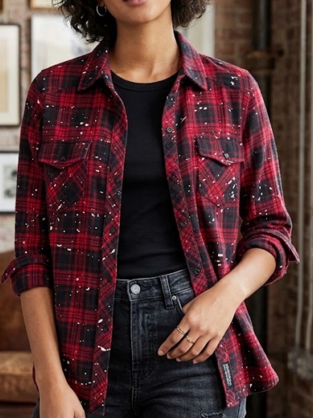 Generation Love Red & Black Plaid Flannel shirt with Paint-Splatter Detail EUC